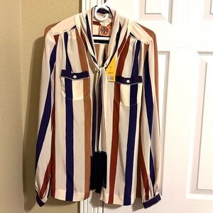 Tory Burch Striped Tie Neck Silk Lane Blouse
